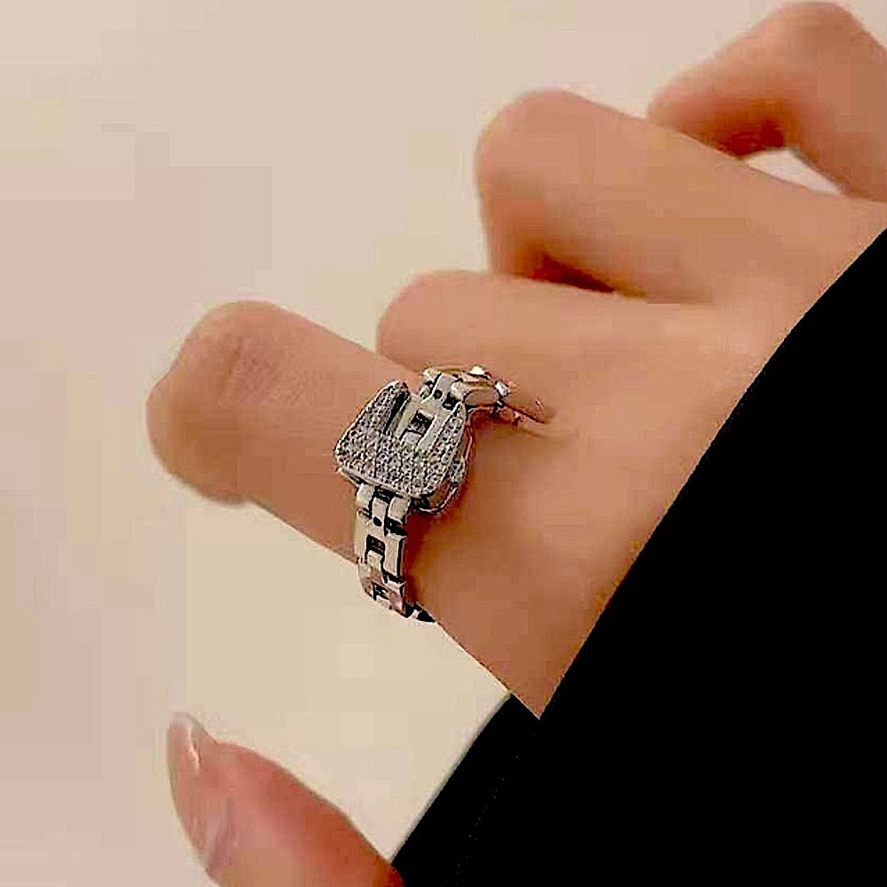 SILVER CHAIN BUCKLE RHINESTONE RING - Picture 3 of 12